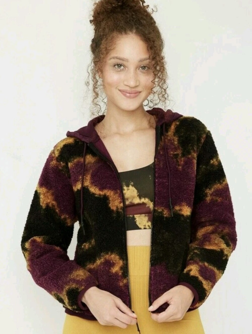 JoyLab Plush Tie-Dye Hooded Zip Jacket - Purple, Black & Mustard